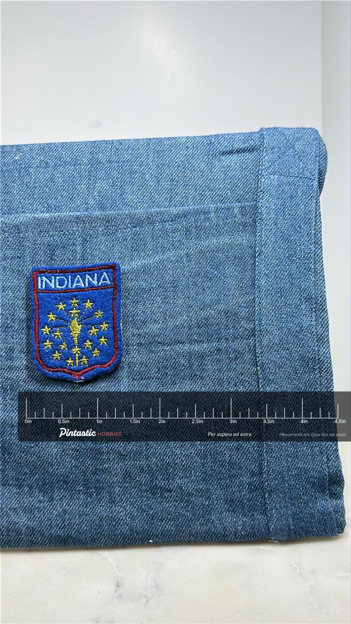 Indiana Collectable Patch: Blue & Gold Felt - State Travel Accessory with ruler overlay for size reference