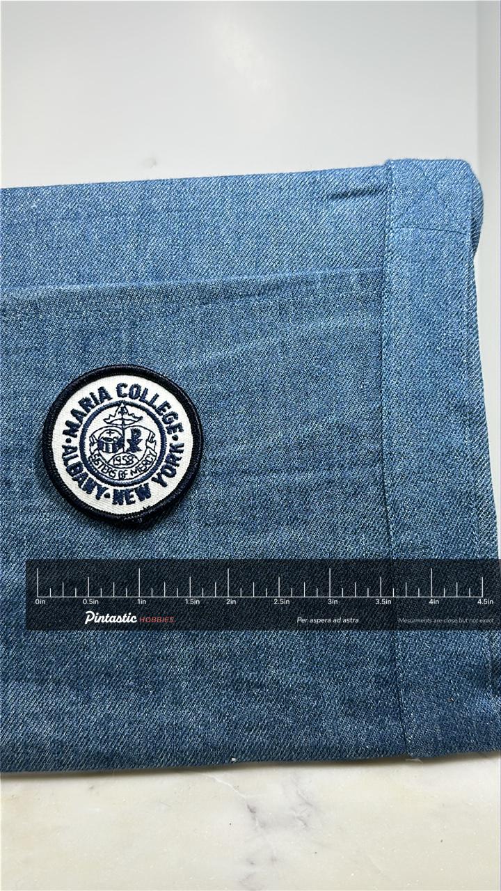 St. Maria College Collectable Patch: Blue & White Seal - NY Accessory with ruler overlay for size reference