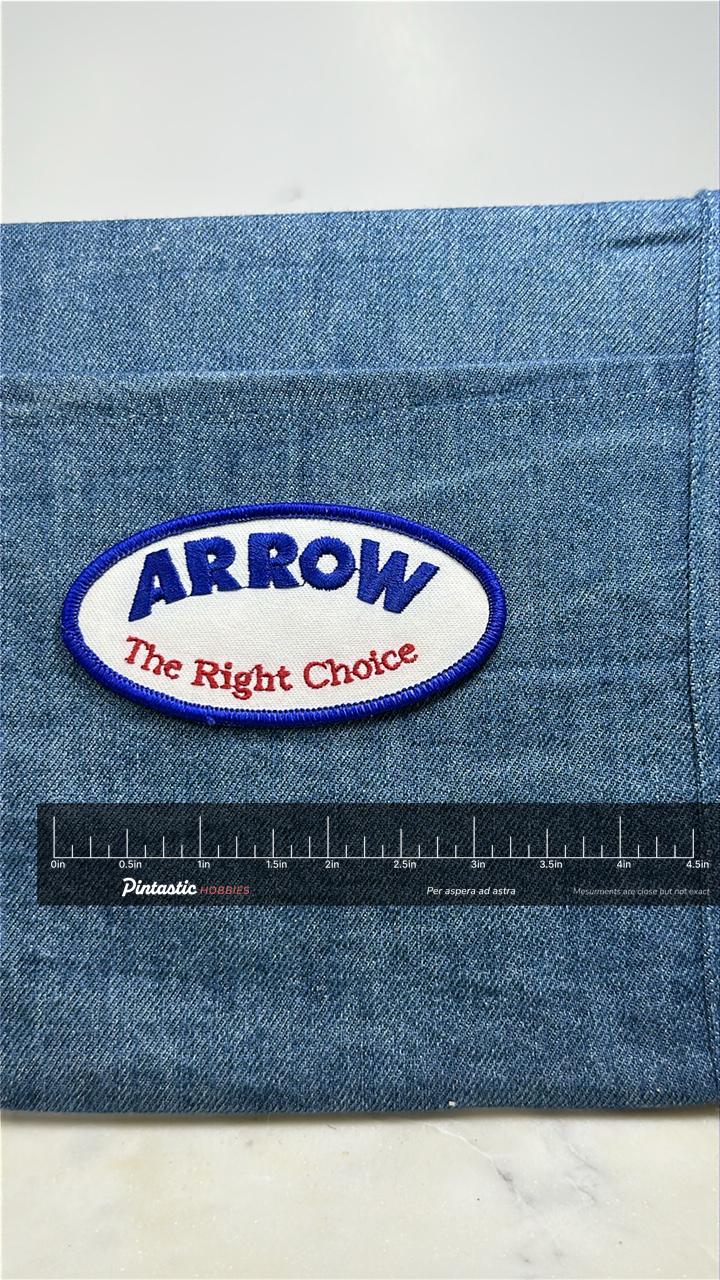 Arrow The Right Choice Patch: Blue Oval - Vintage Ad Accessory with ruler overlay for size reference