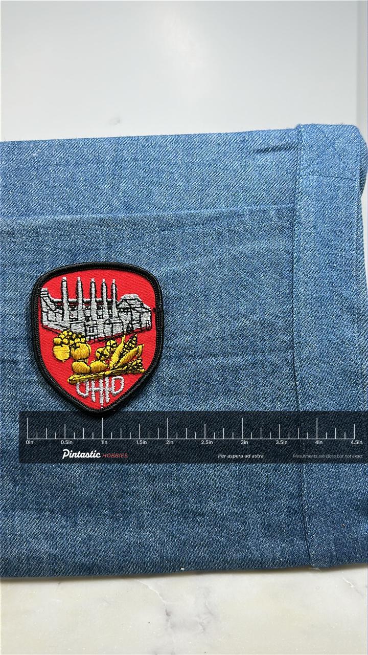Vintage Ohio Souvenir Patch: Factory & Agriculture Design - State Collectible Badge with ruler overlay for size reference