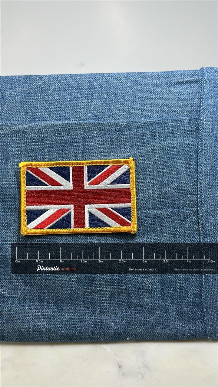 United Kingdom Collectable Patch: Gold Border - UK Flag Accessory with ruler overlay for size reference