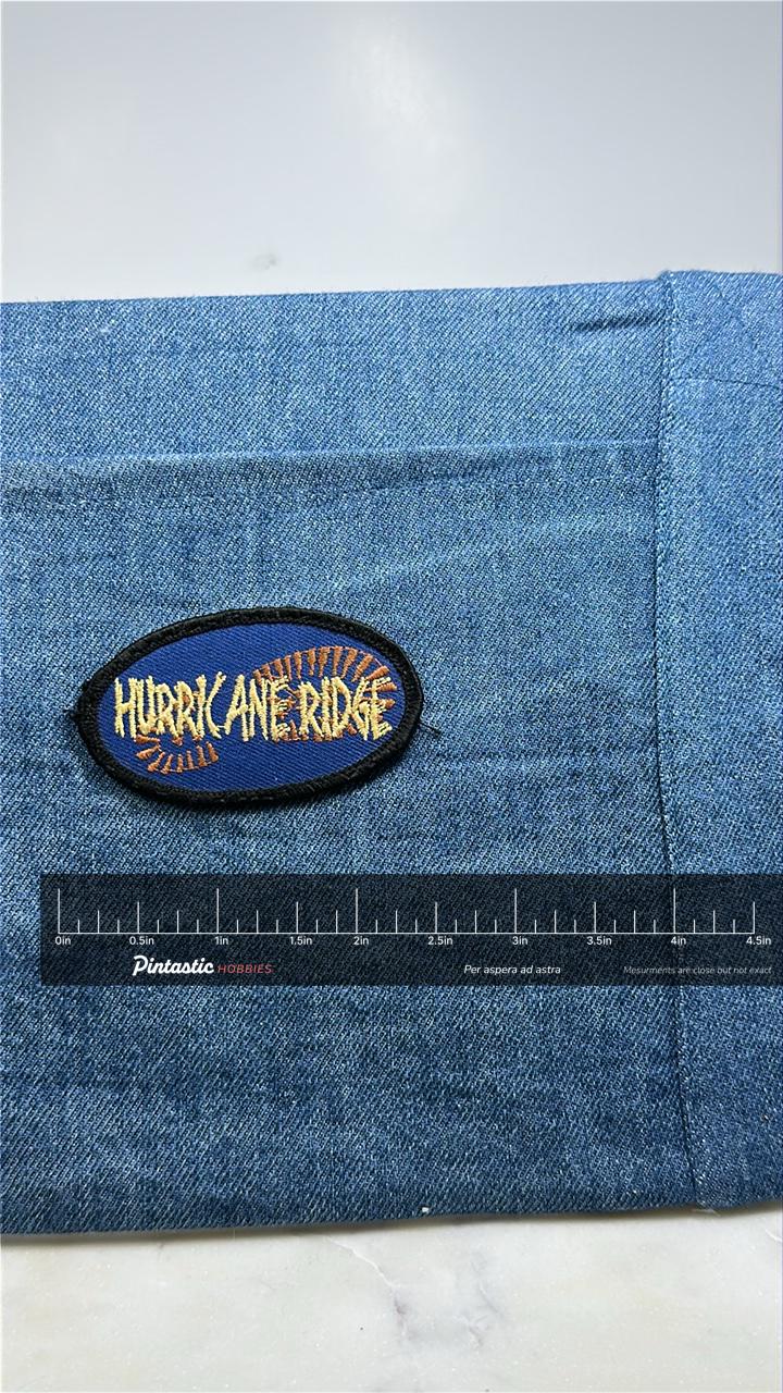 Hurricane Ridge Collectable Patch: Blue Oval - Nat Park Accessory with ruler overlay for size reference