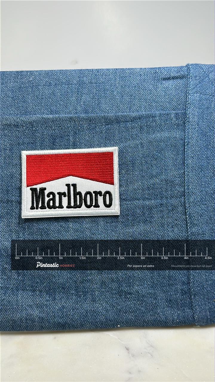 Marlboro Collectable Patch: Red White Logo - Tobacco Brand Accessory with ruler overlay for size reference
