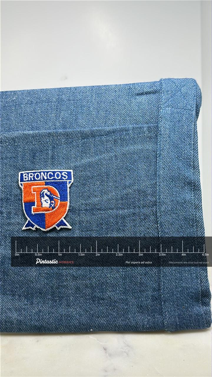 Denver Broncos Patch: Orange Blue Shield - NFL Football Accessory with ruler overlay for size reference