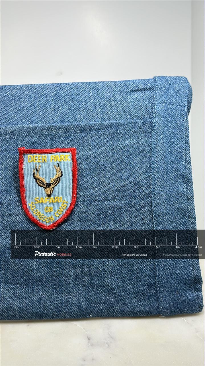 Deer Park Safari Collectable Patch: Red Border Shield - Oregon Wildlife Souvenir with ruler overlay for size reference