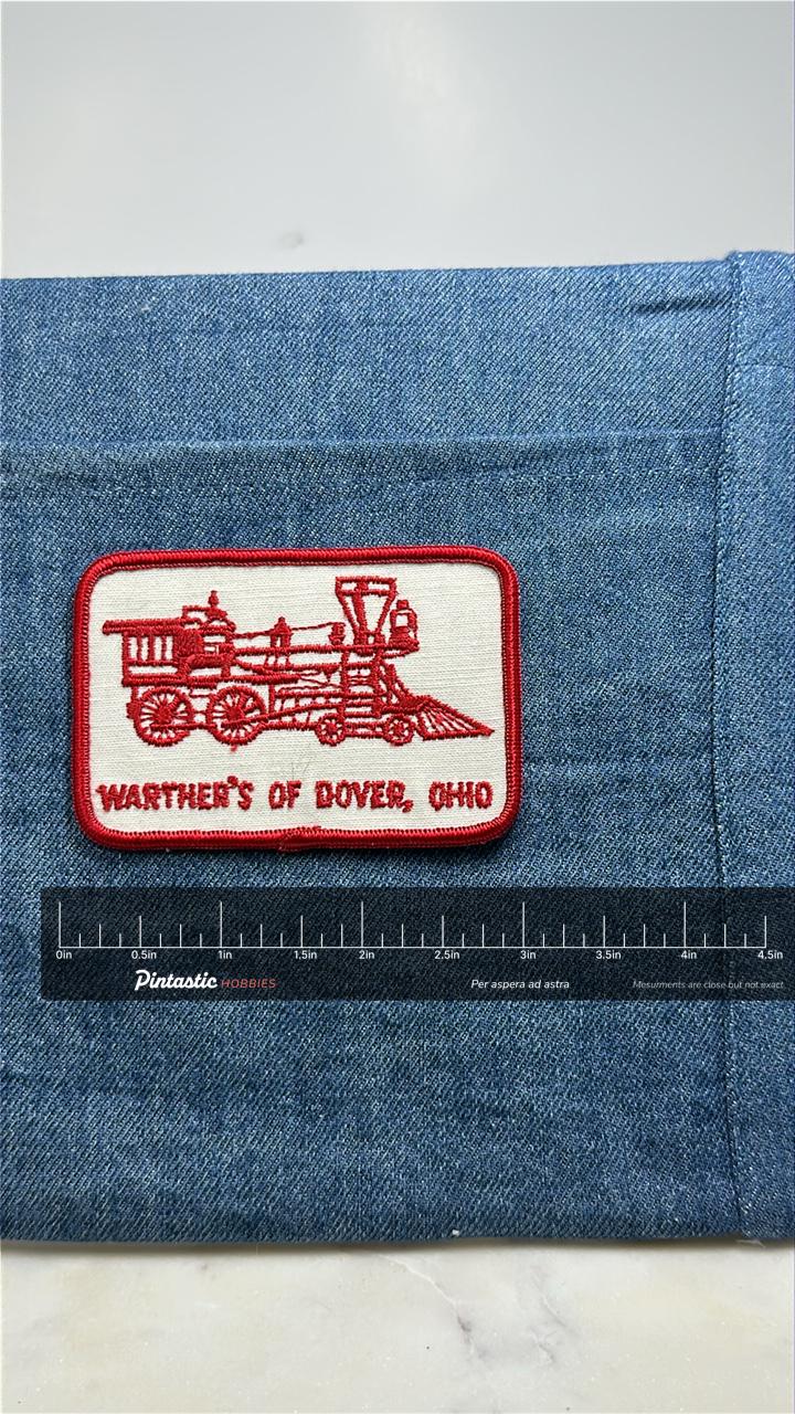 Warther’s Dover Ohio Collectable Patch: Red Train - Vintage Accessory with ruler overlay for size reference