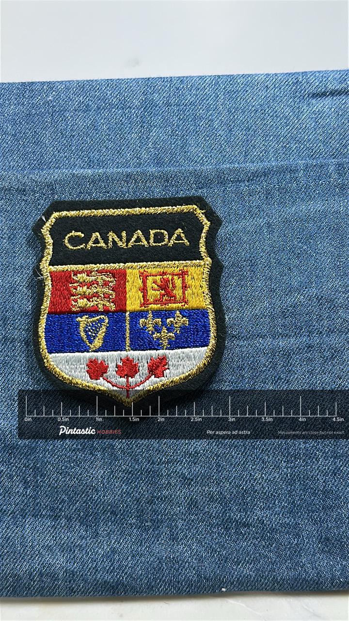 Canada Crest Patch: Gold Trim Shield - Patriotic Souvenir with ruler overlay for size reference