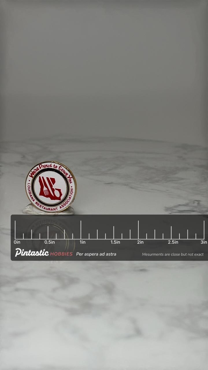 Vintage Louisiana Restaurant Association Lapel Pin: Red Enamel - Hospitality Org with ruler overlay for size reference