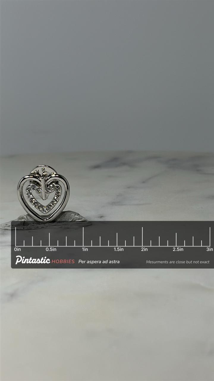 Vintage Heart Brooch Pin: Silver Tone Rhinestone - Romantic Accessory with ruler overlay for size reference