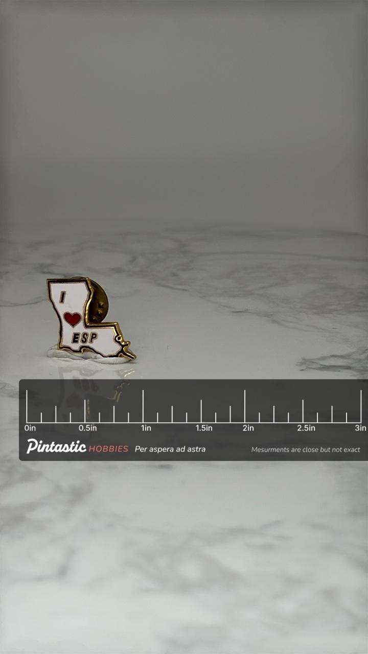 Vintage Louisiana State Map Lapel Pin: White Enamel Gold Tone - I Love ESP Souvenir with ruler overlay for size reference