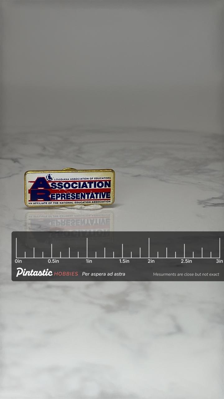 Vintage Louisiana Educators Lapel Pin: Gold Tone Enamel - Union Accessory with ruler overlay for size reference