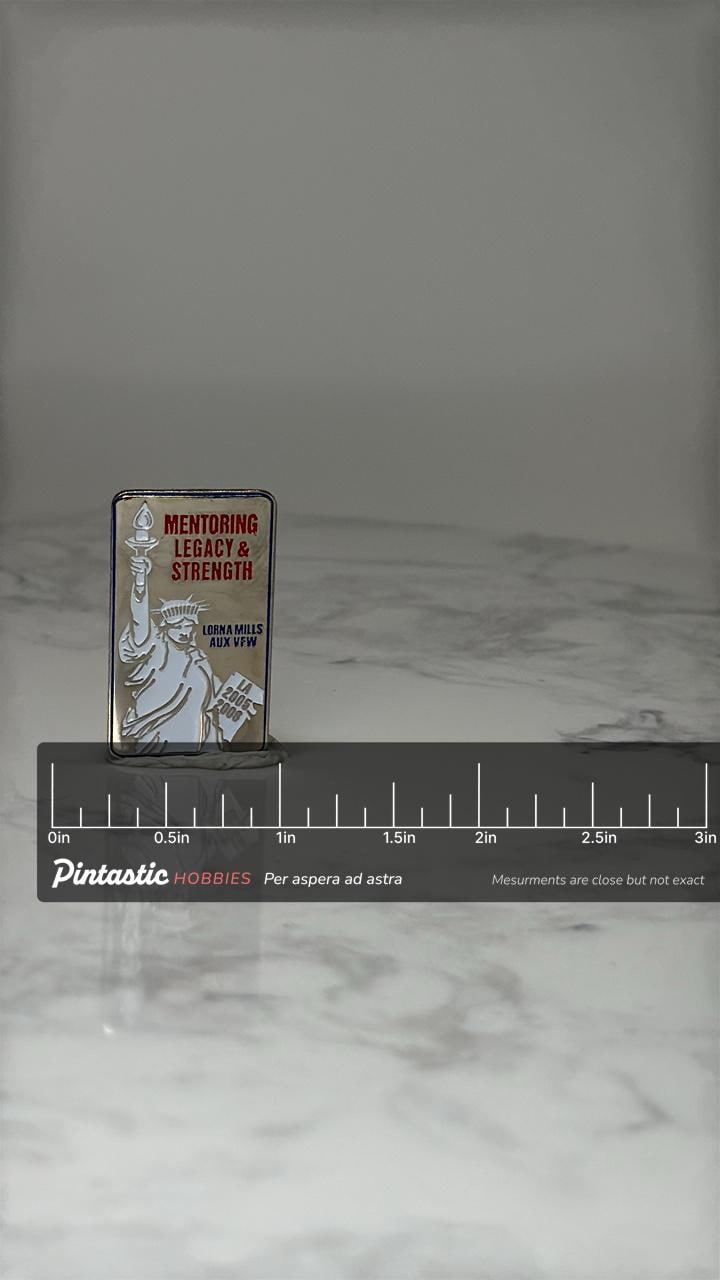 Vintage VFW Auxiliary Pin: Gold Tone Statue of Liberty - 2005 2006 with ruler overlay for size reference