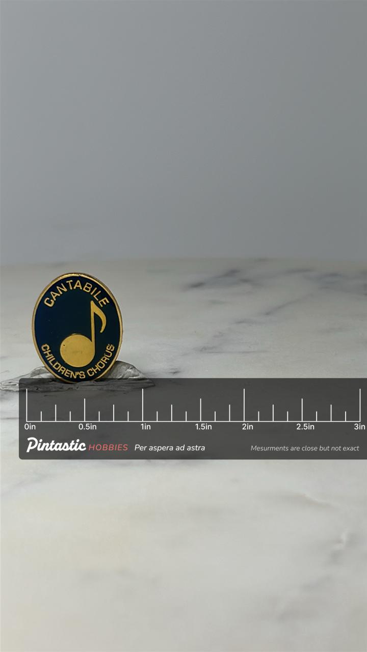 Vintage Cantabile Children's Chorus Pin: Blue Gold Enamel - Music Accessory with ruler overlay for size reference