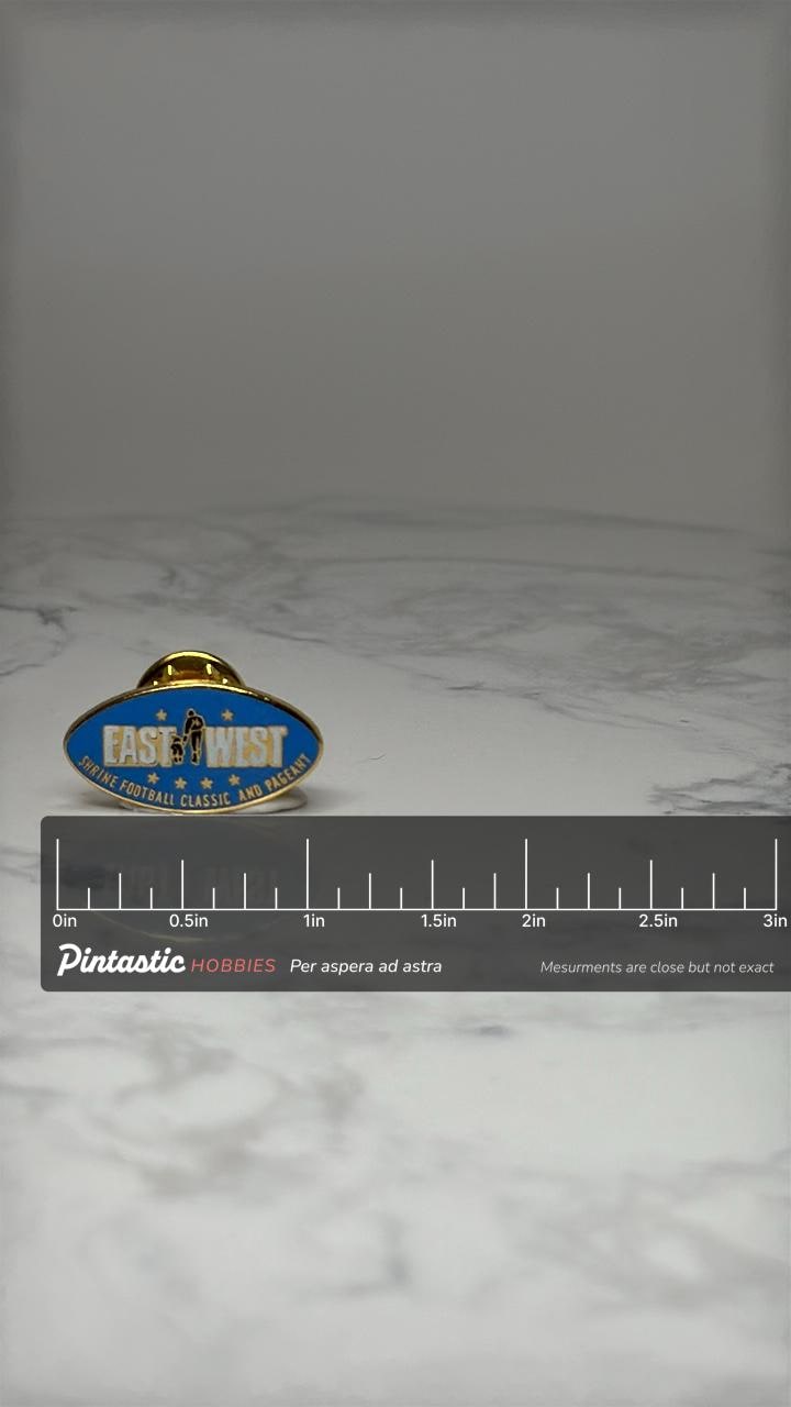 Vintage East West Shrine Football Pin: Blue Enamel Gold Tone - Sports Souvenir with ruler overlay for size reference