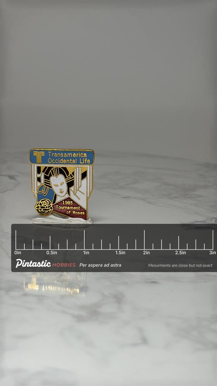Vintage Transamerica Life Pin: Gold Enamel - 1985 Rose Parade with ruler overlay for size reference