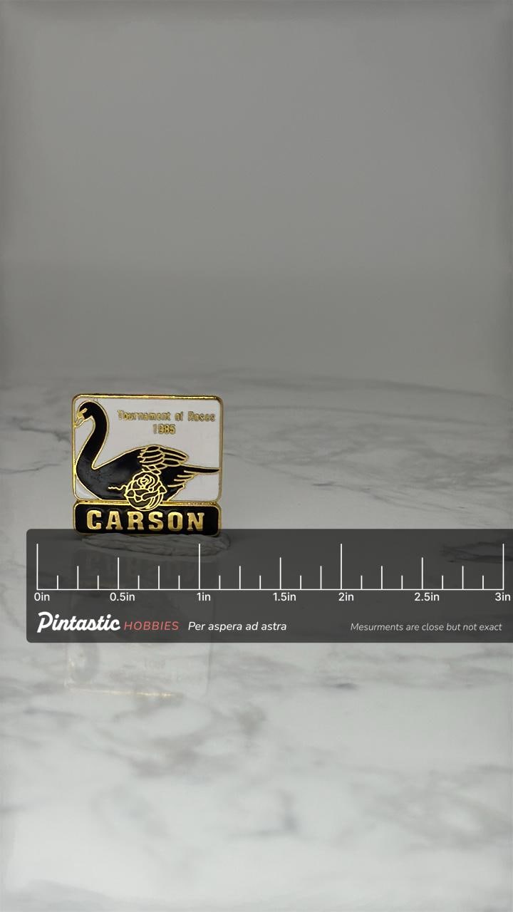 Vintage Tournament of Roses 1985 Lapel Pin: Gold Tone - Parade Souvenir with ruler overlay for size reference