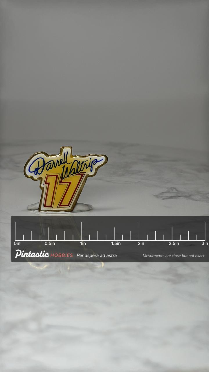 Vintage Darrell Waltrip 17 Racing Pin: Gold Enamel - NASCAR 1980s Accessory with ruler overlay for size reference