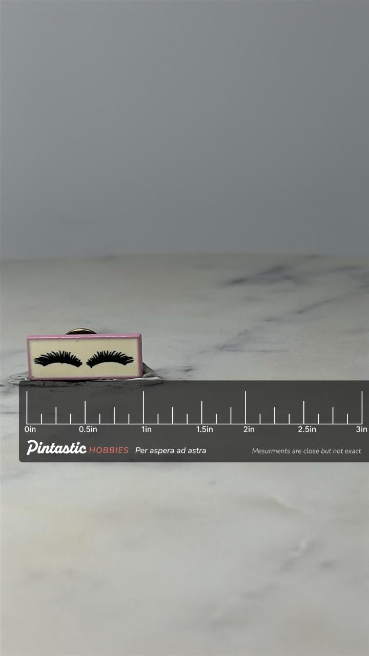 Vintage Eyelashes Enamel Pin: Pink & Cream - Beauty Accessory with ruler overlay for size reference