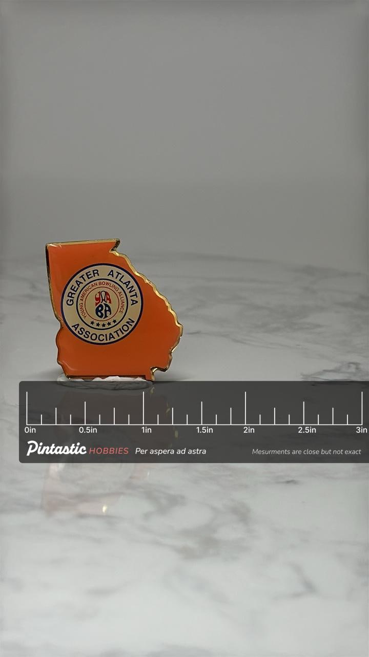 Vintage Greater Atlanta Bowling Lapel Pin: Red Enamel Gold - YABA with ruler overlay for size reference