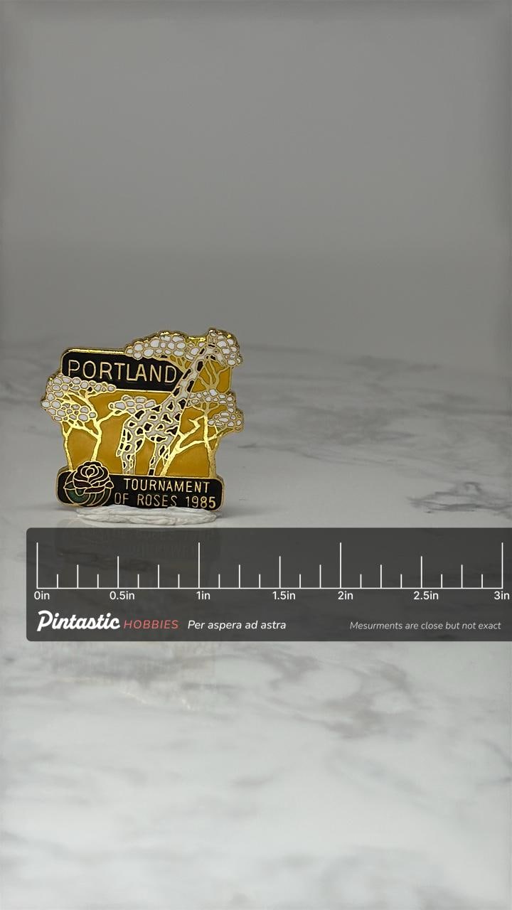 Vintage Portland Roses Lapel Pin: Gold Enamel - 1985 Event with ruler overlay for size reference