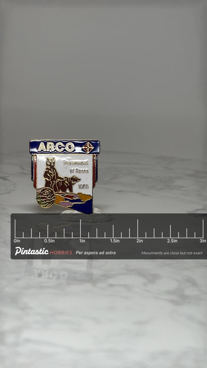Vintage ARCO Tournament of Roses Pin: Enamel Sponsor - 1985 Event Accessory with ruler overlay for size reference