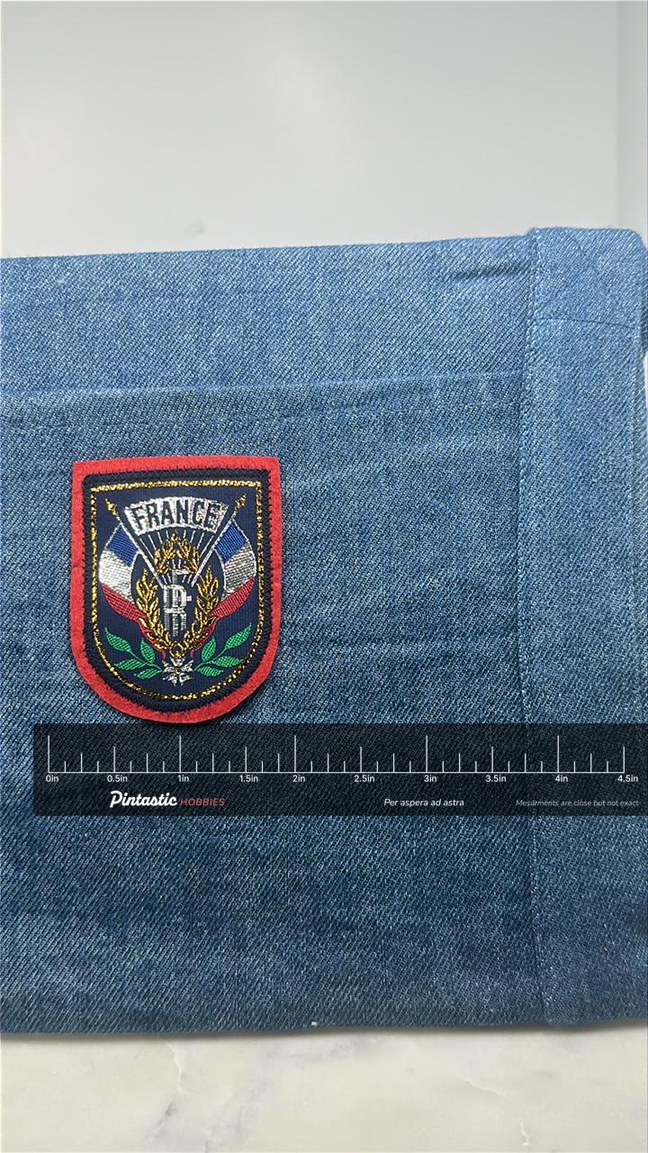 France Crest Collectable Patch: Tricolor Shield - Patriotic Accessory with ruler overlay for size reference