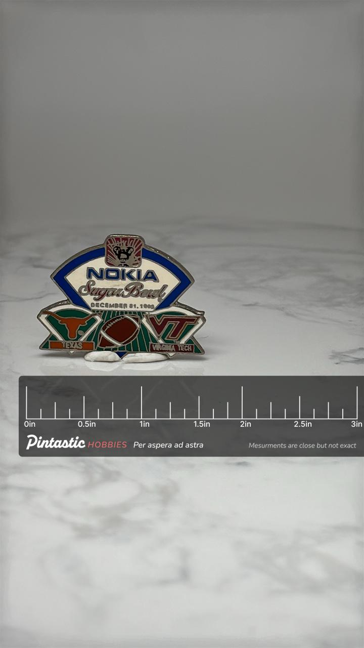 Vintage Nokia Sugar Bowl Enamel Pin: Blue Silver - 1999 Game with ruler overlay for size reference