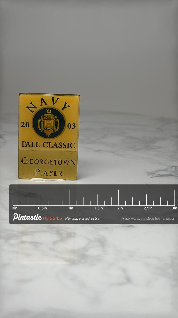 Vintage Navy Fall Classic Pin: Gold Tone 2003 Georgetown Player with ruler overlay for size reference