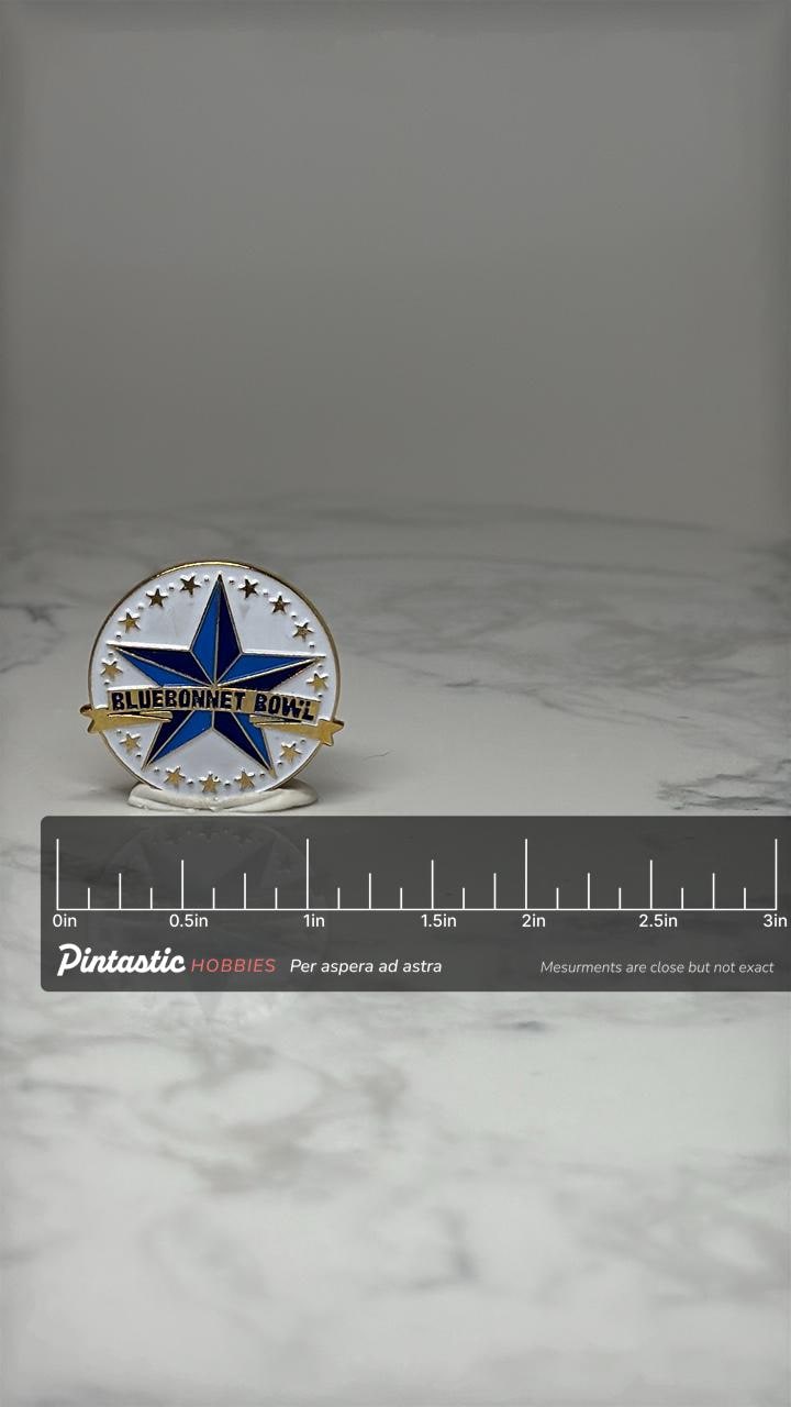 Vintage Bluebonnet Bowl Enamel Lapel Pin: Blue Star - Texas Accessory with ruler overlay for size reference