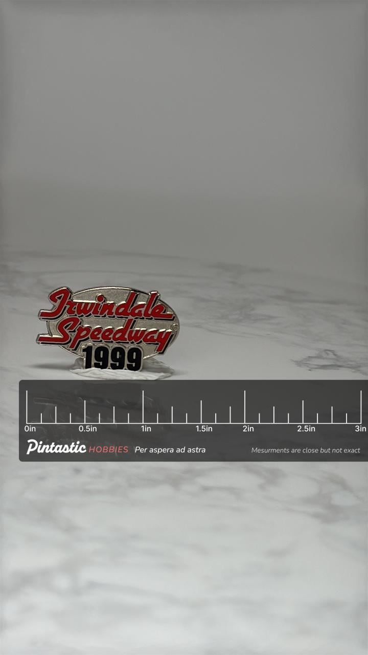 Vintage Irwindale Speedway Lapel Pin: Red Enamel Silver - 1999 Racing with ruler overlay for size reference