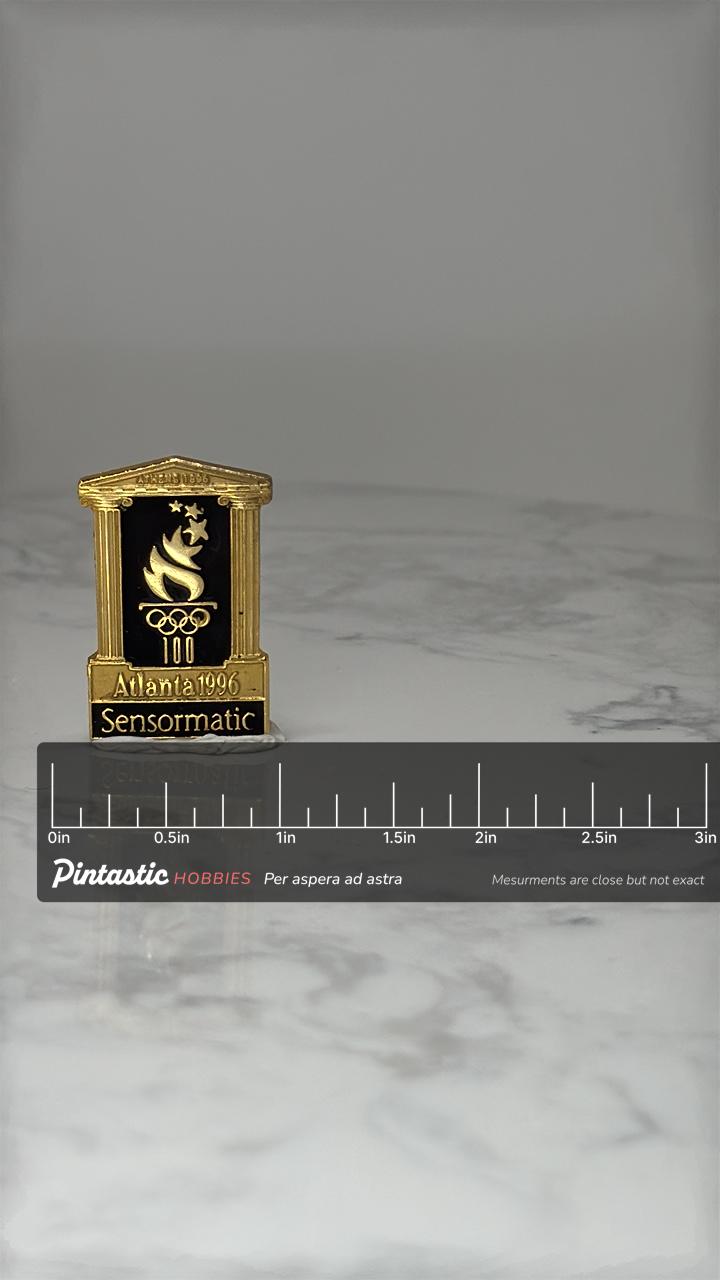 Vintage Atlanta 1996 Olympic Pin: Gold Tone Enamel - Centennial Games Accessory with ruler overlay for size reference