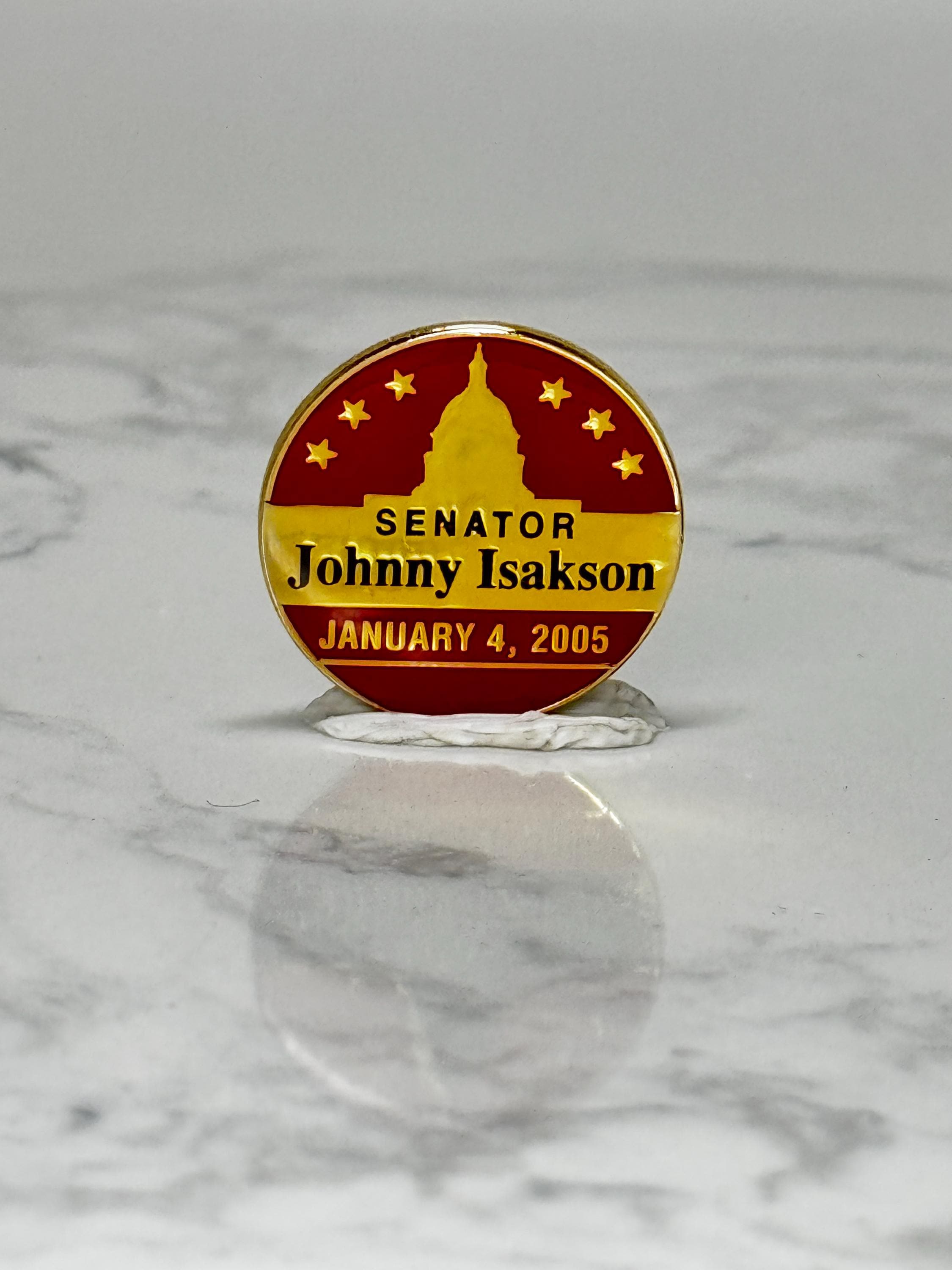 Vintage Johnny Isakson Senator Pin: Red Gold Enamel - 2005 Political Accessory