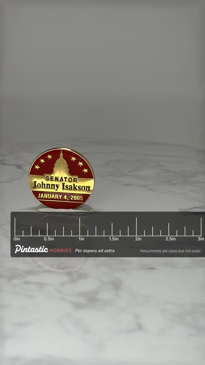 Vintage Johnny Isakson Senator Pin: Red Gold Enamel - 2005 Political Accessory with ruler overlay for size reference