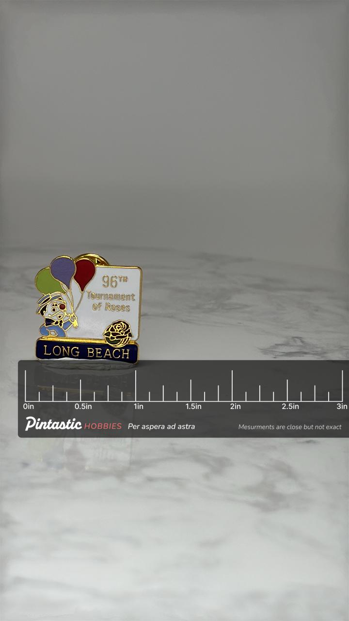 Vintage 96th Tournament of Roses Pin: Gold Tone Enamel - Long Beach Souvenir with ruler overlay for size reference
