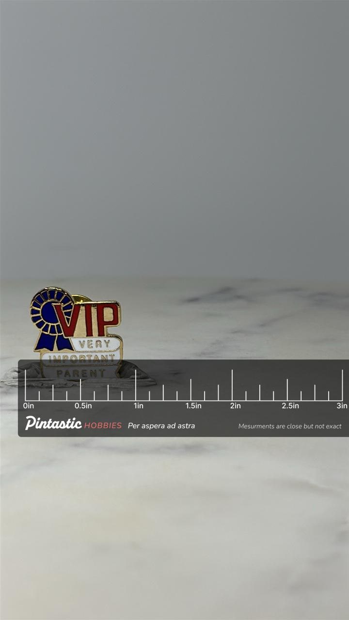 Vintage VIP Parent Enamel Pin: Red White Blue - School Award Accessory with ruler overlay for size reference
