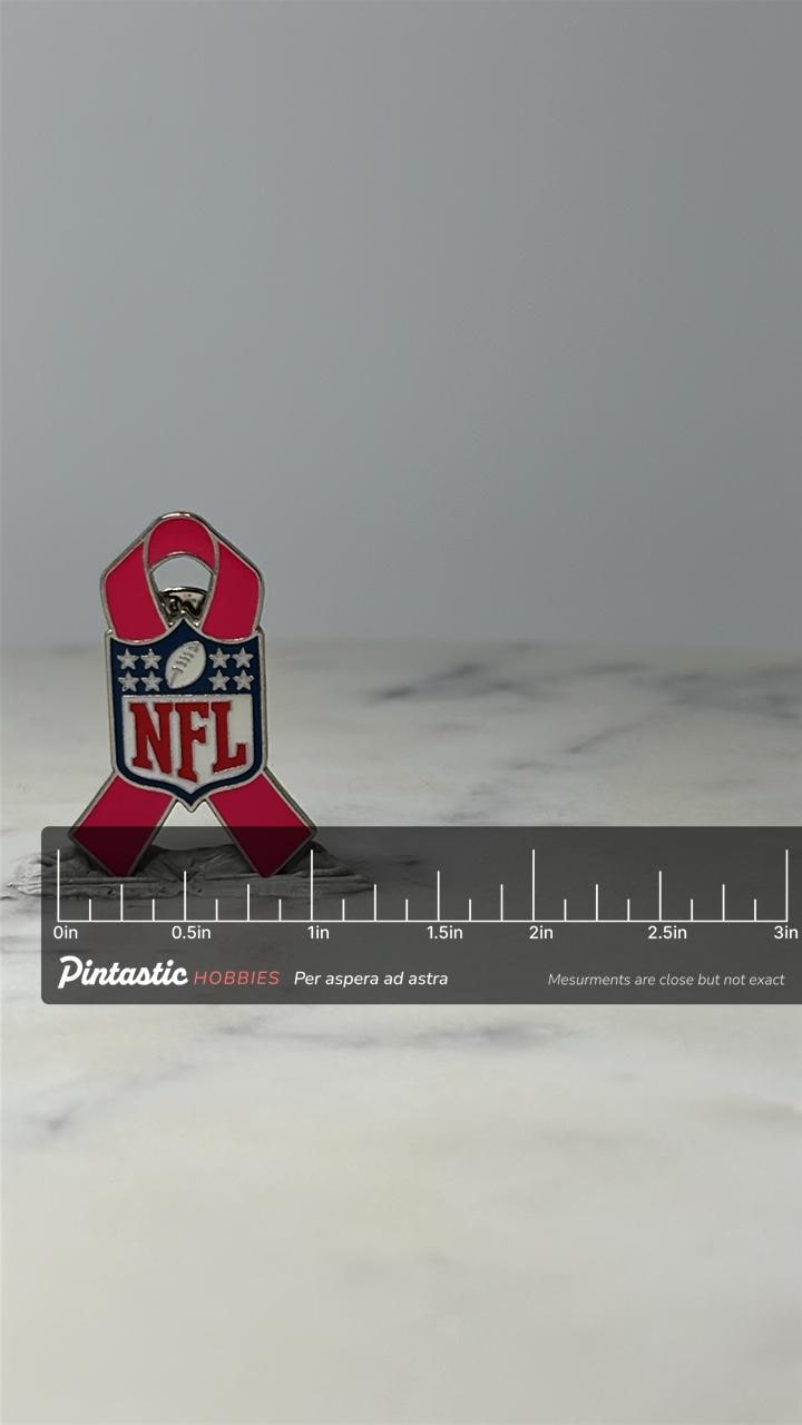 Vintage NFL Breast Cancer Pin: Pink Enamel - 2000s Sports with ruler overlay for size reference