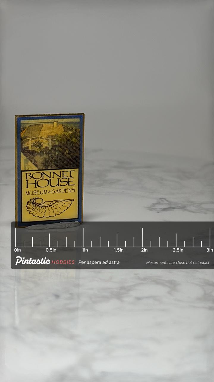 Vintage Bonnet House Museum Pin: Blue & Gold Enamel - Florida Accessory with ruler overlay for size reference