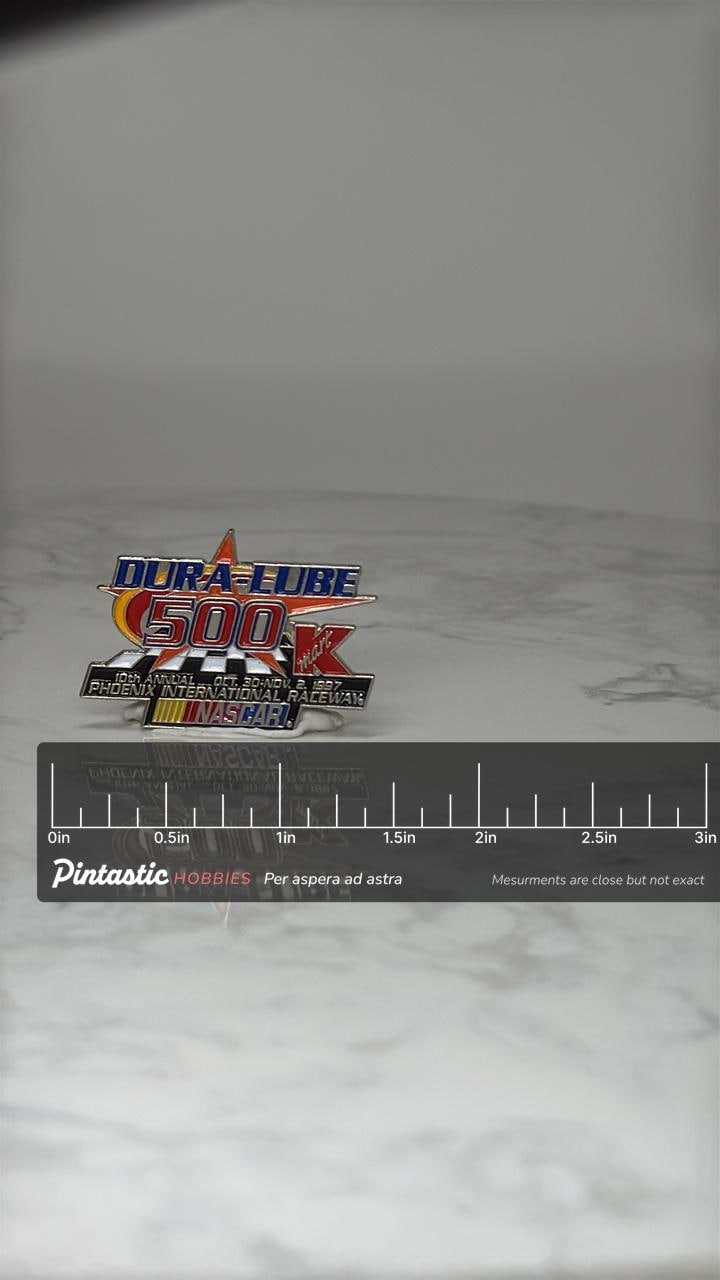 Vintage Dura Lube 500 Lapel Pin: Color Enamel - NASCAR 1997 Accessory with ruler overlay for size reference
