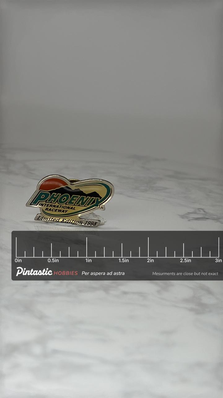 Vintage Phoenix International Raceway Pin: Enamel Finish - 1998 Racing Accessory with ruler overlay for size reference