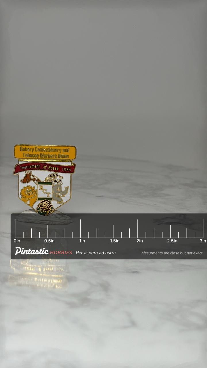 Vintage BCT Workers Union Pin: Enamel - 1985 Tournament of Roses Accessory with ruler overlay for size reference