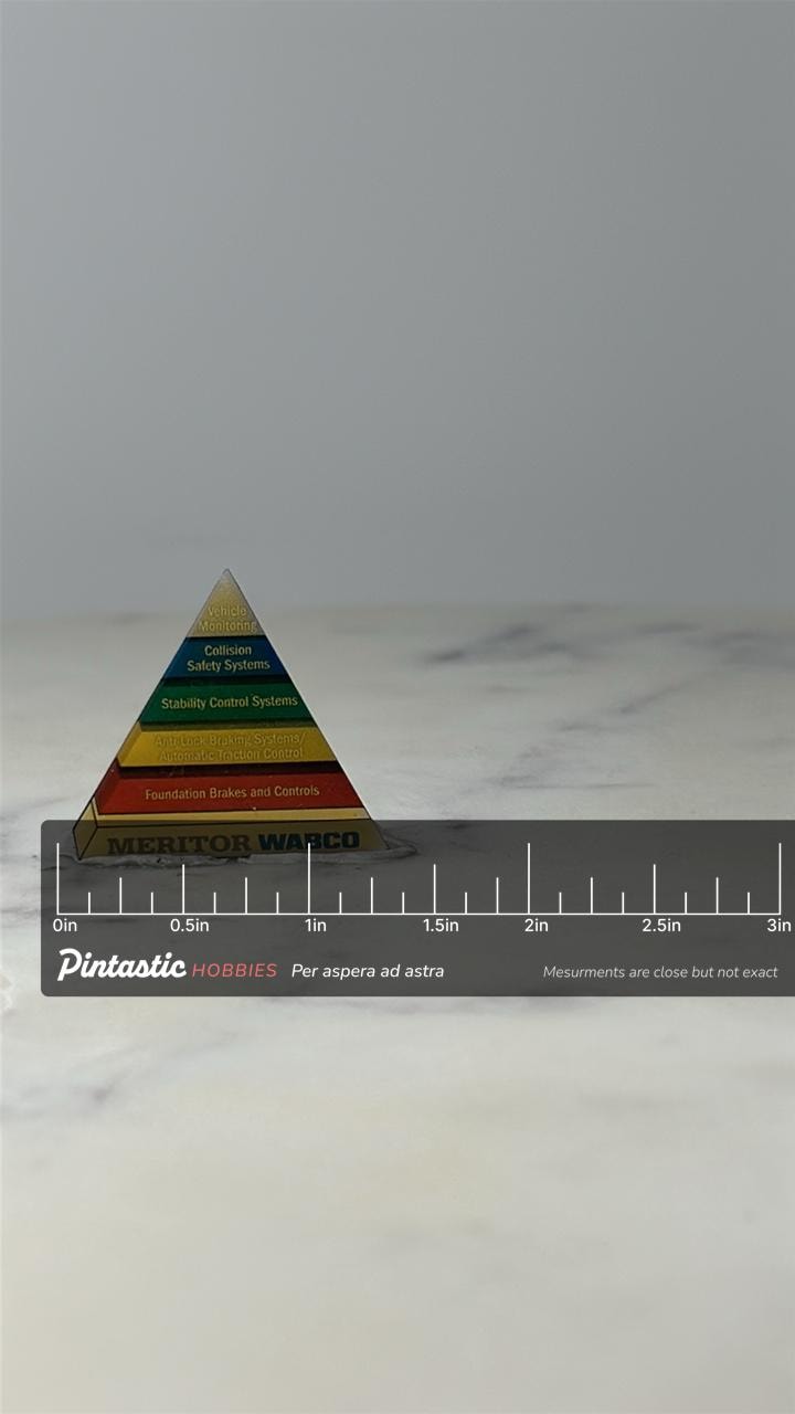 Vintage Meritor WABCO Pyramid Lapel Pin: Enamel - Auto Industry with ruler overlay for size reference