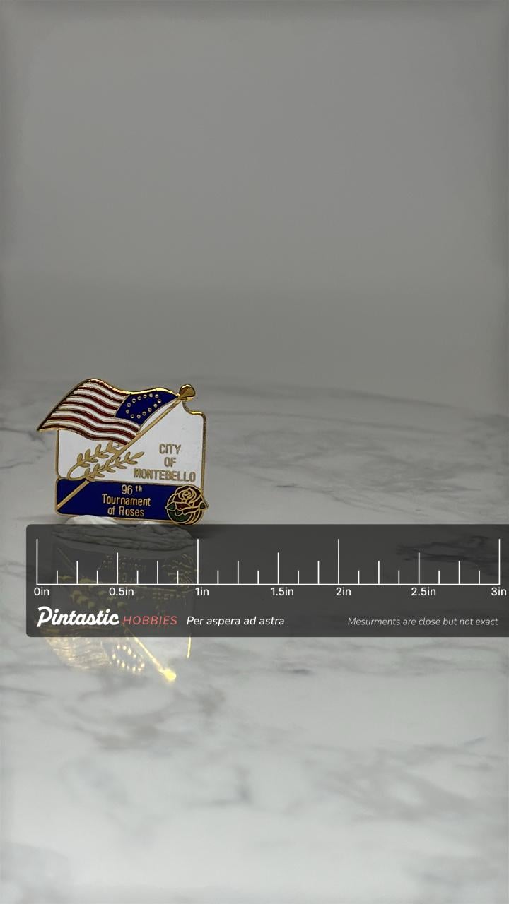 Vintage 96th Tournament of Roses Enamel Pin: Gold Tone - Parade Souvenir Accessory with ruler overlay for size reference