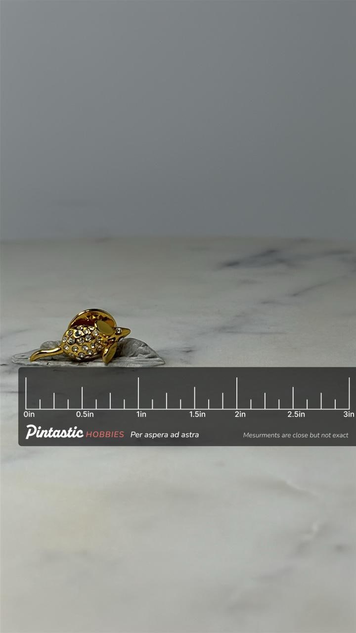 Vintage Mouse Brooch Pin: Gold Tone Rhinestone - 1980s Animal Accessory with ruler overlay for size reference