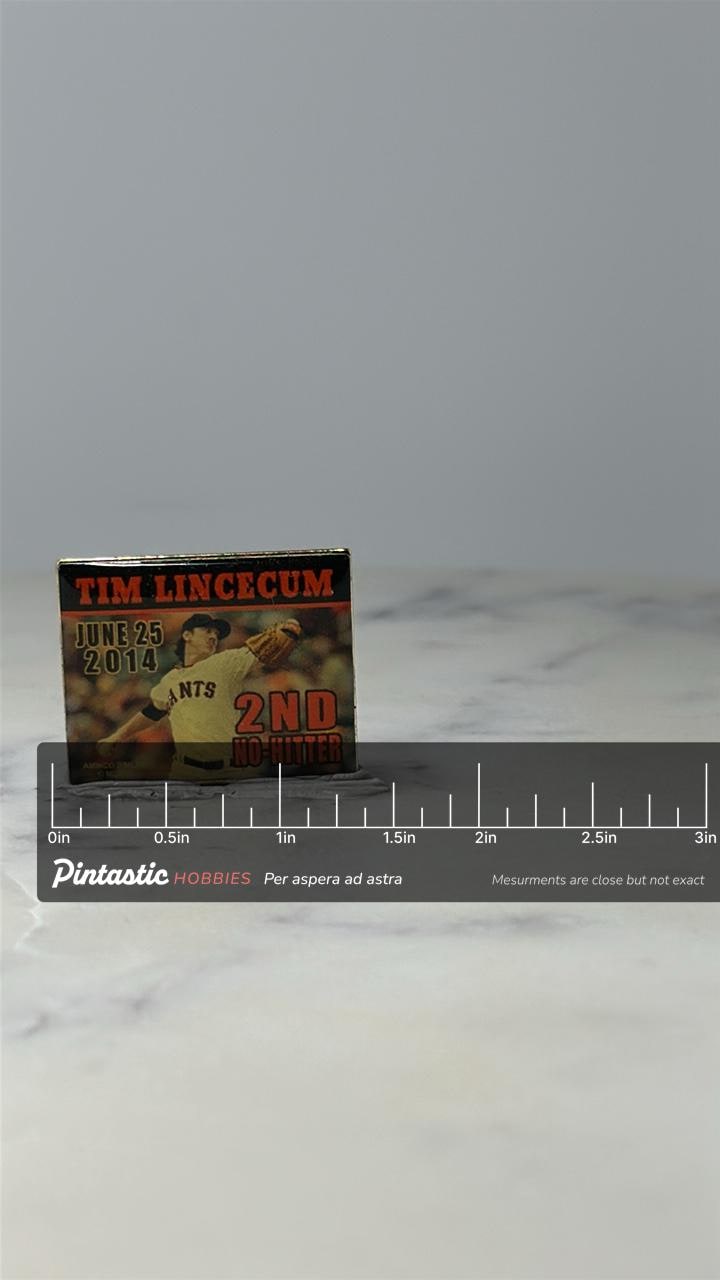 Vintage Tim Lincecum Sports Pin: Color Photo - 2014 No Hitter with ruler overlay for size reference