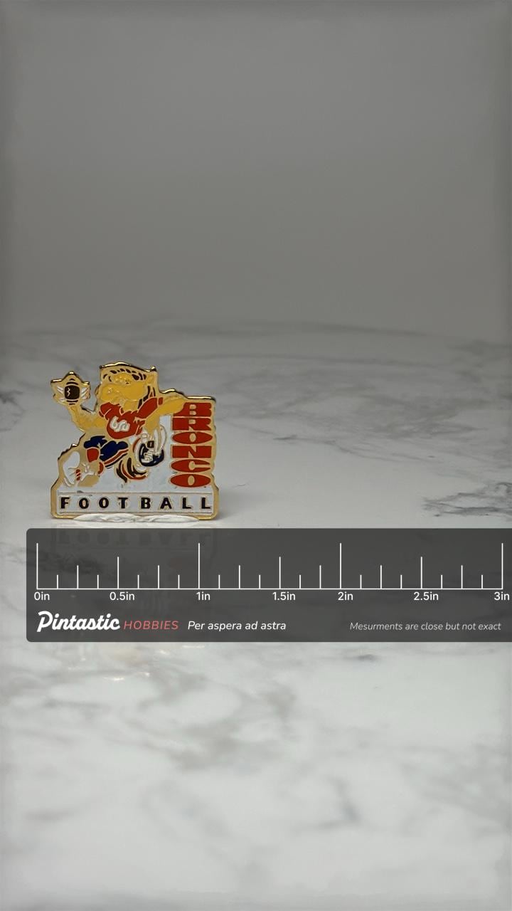 Vintage BSU Broncos Football Enamel Pin: Gold Tone - Sports Accessory with ruler overlay for size reference