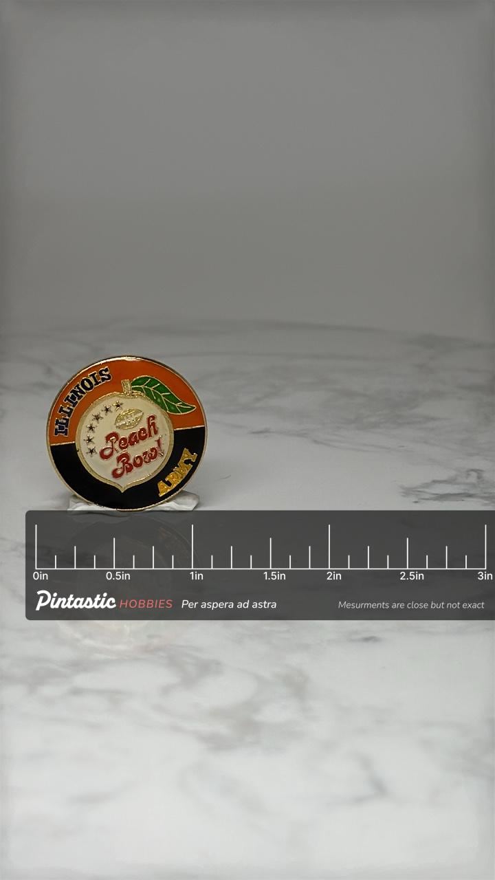 Vintage Illinois Peach Bowl Pin: Enamel Gold Tone - Sports Souvenir with ruler overlay for size reference