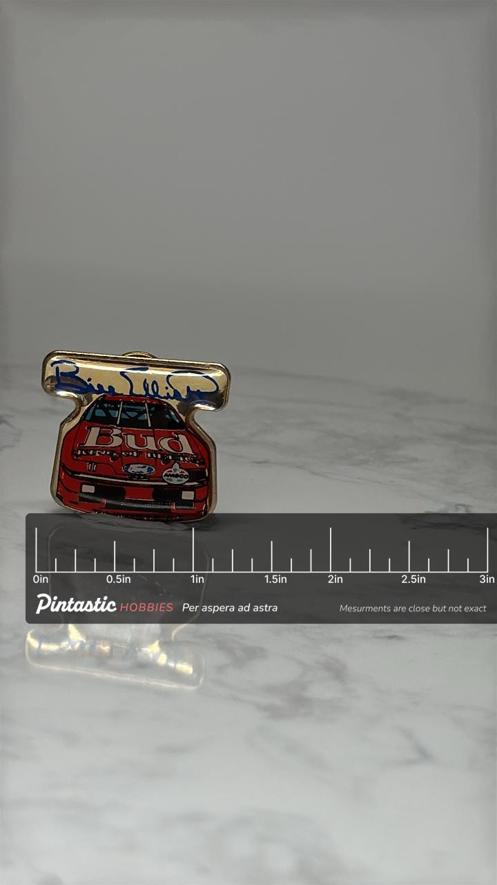 Vintage Bill Elliott NASCAR Pin: Red Enamel Pin - NASCAR Collectible with ruler overlay for size reference