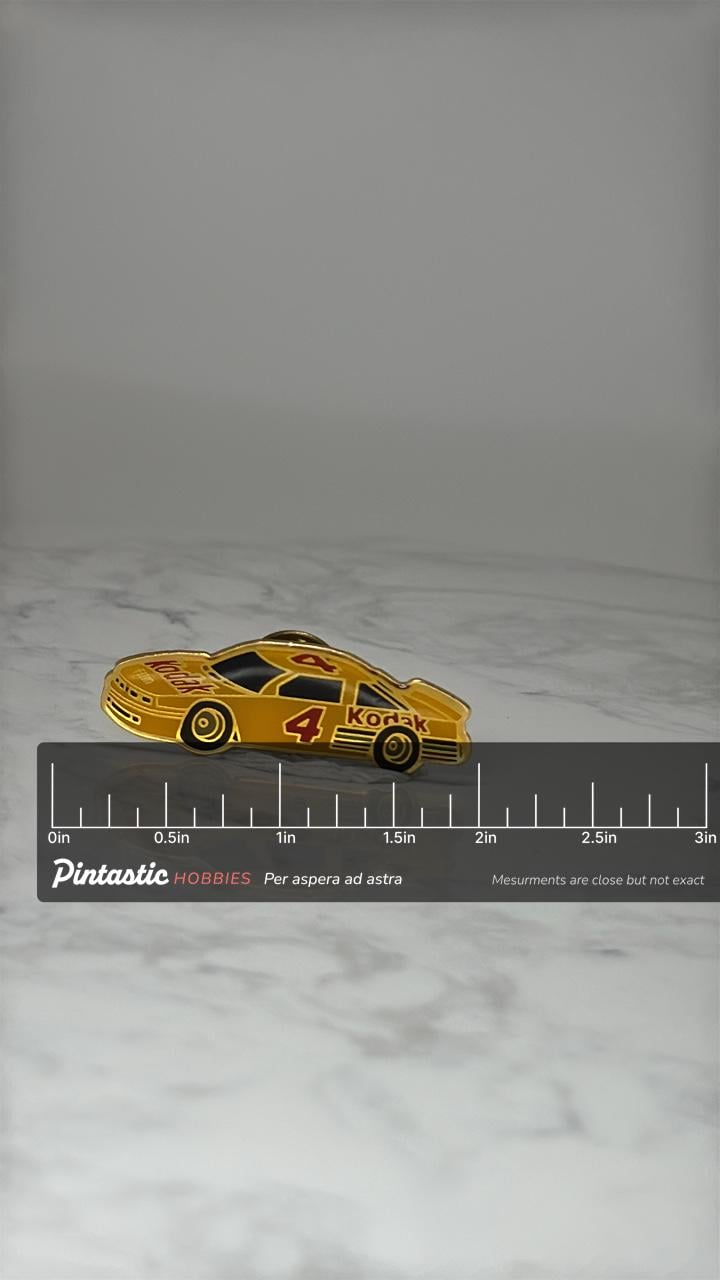 Vintage Kodak NASCAR Race Car Pin: Yellow Enamel - 1990s Racing Accessory with ruler overlay for size reference