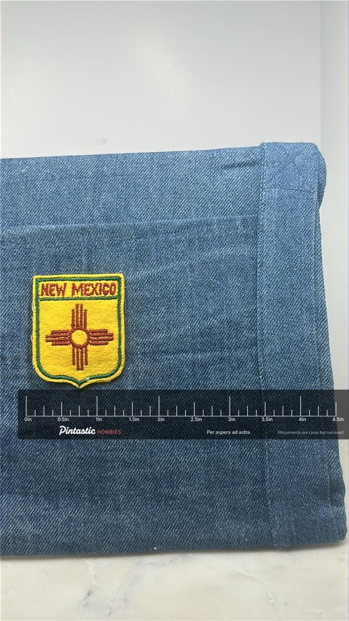 New Mexico Collectable Patch: Yellow Zia Shield - State Souvenir Accessory with ruler overlay for size reference