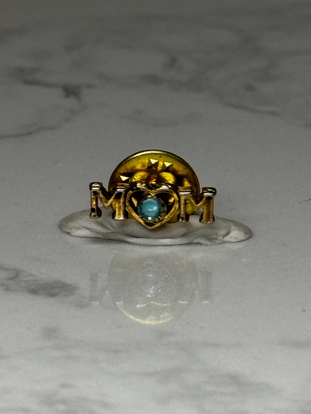Vintage Mom Heart Lapel Pin: Gold Tone Blue Stone - Mothers Day Accessory